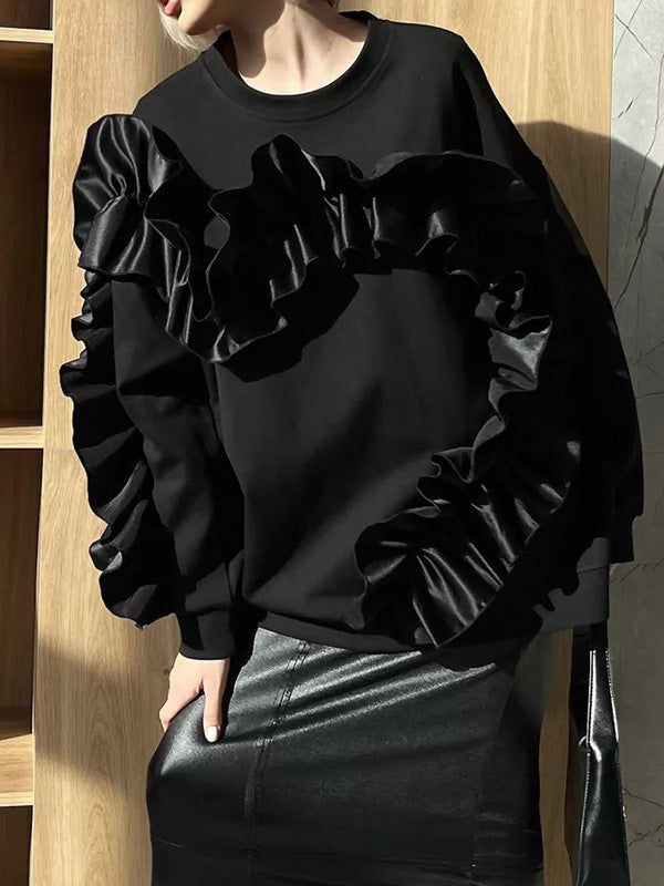 Long Sleeves Loose Contrast Color Ruffle Trim Split-Joint Velvet Round-Neck Sweatshirt Tops