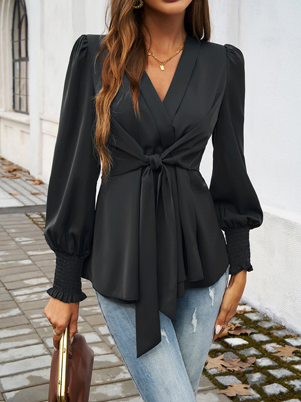 Long Sleeves Loose Elasticity Knot Solid Color V-Neck Blouses&Shirts Tops