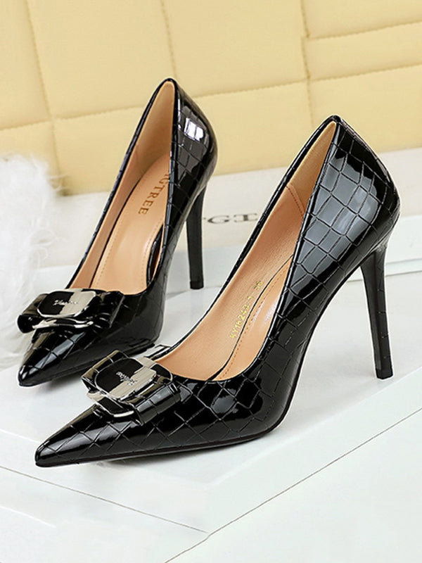 Belt Buckle Pointed-Toe Shiny Split-Joint Pumps