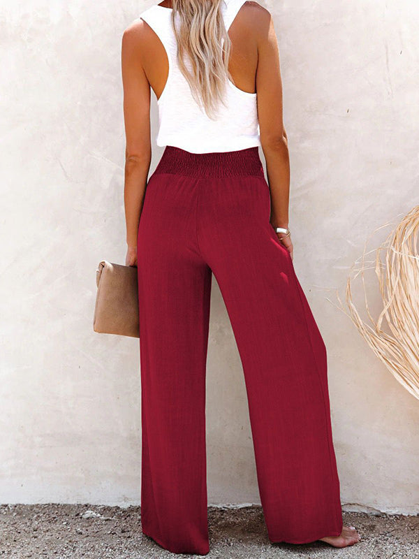 Loose Wide Leg Buttoned Elasticity Solid Color Pants Trousers