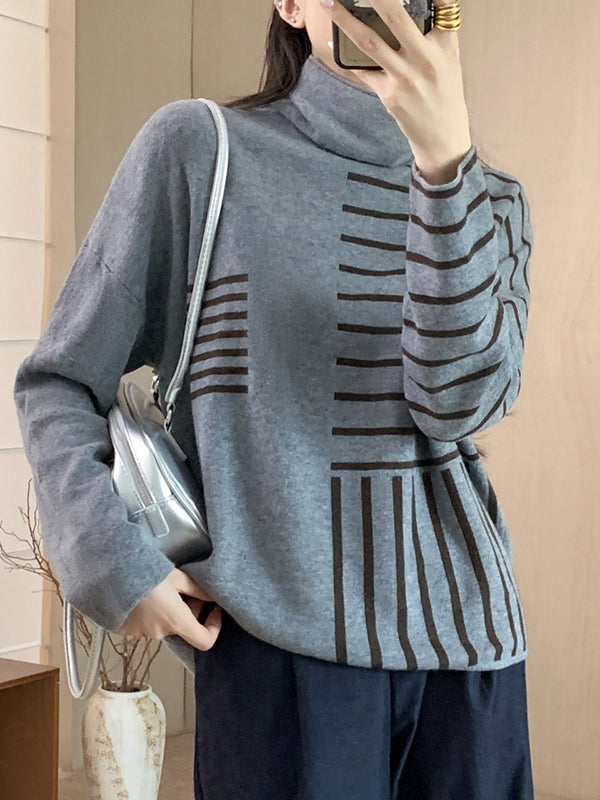 Long Sleeves Loose Contrast Color Striped High Neck Pullovers Sweater Tops