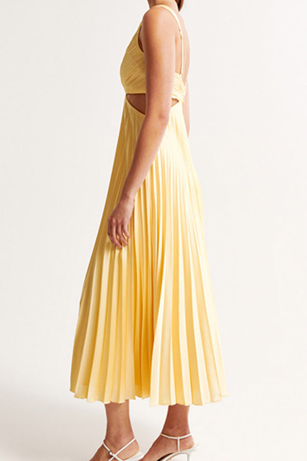 Summer Social Stain Pleated Cutout Waist Loose Midi Dress