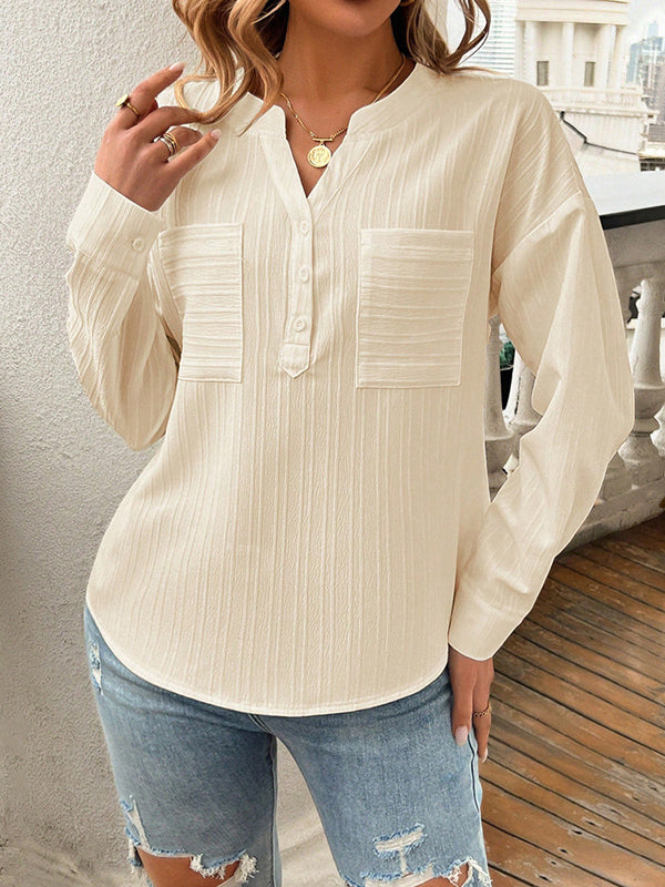 Long Sleeves Loose Buttoned Pockets Solid Color V-Neck Blouses&Shirts Tops