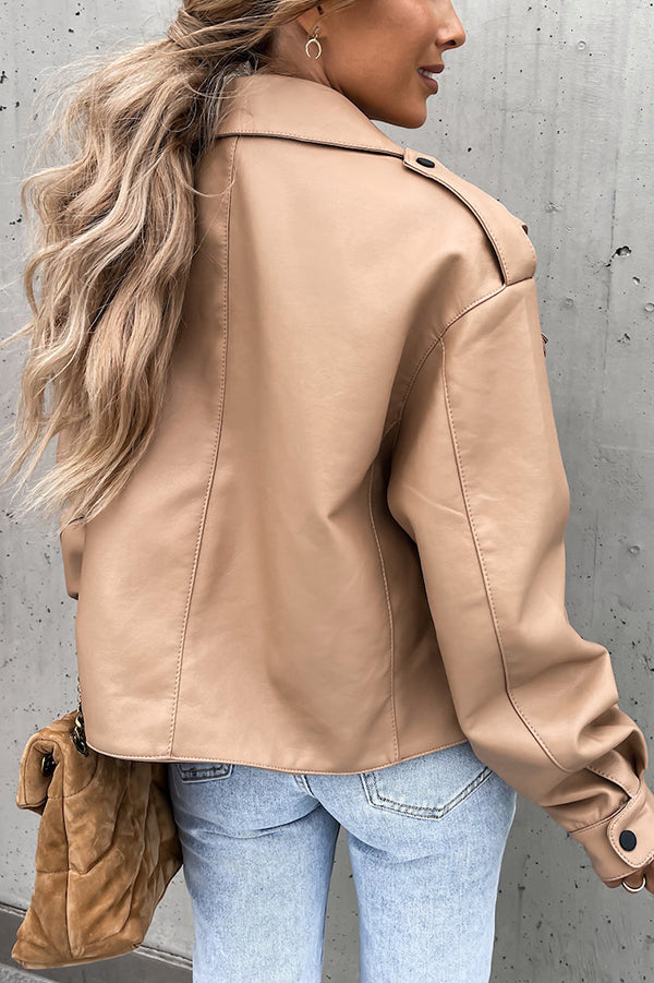 Stylish Leather Lapel Pocket British Style Cropped Jacket