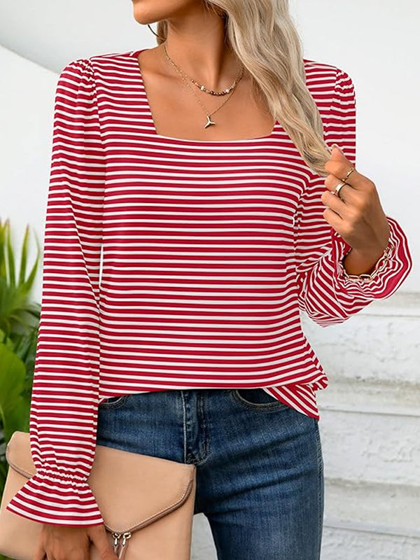 Flared Sleeves Long Sleeves Contrast Color Striped Square-Neck T-Shirts Tops