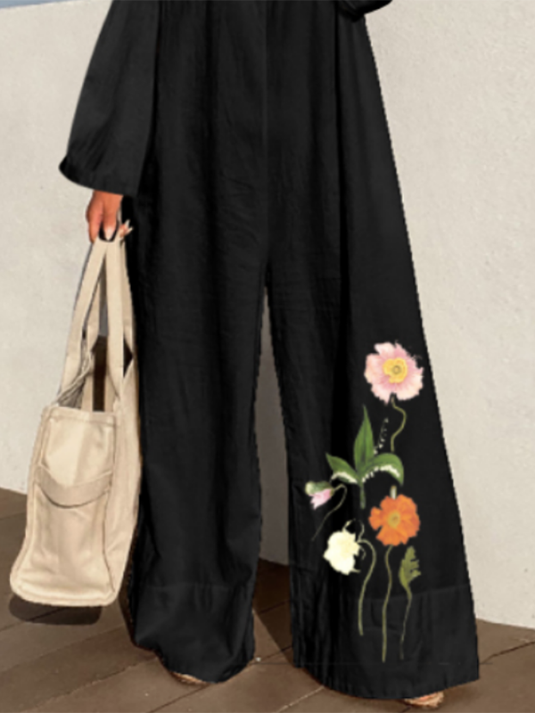 High Waisted Long Sleeves Flower Print Round-Neck Jumpsuits