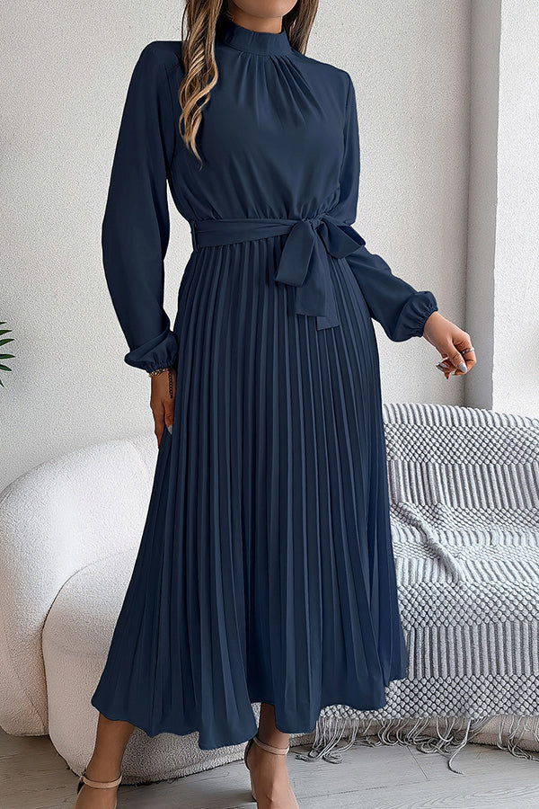 Elegant Stand-collar Long-sleeve Waisted Tie-up Pleated Midi Dress