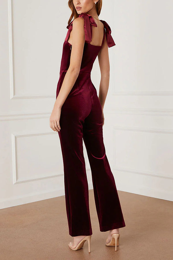 Merlot Sippin' Velvet Shoulder Tie Flare Stretch Jumpsuit