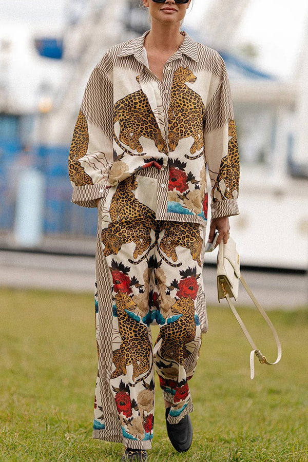 Exotic Leopard Flower Patchwork Print Button Down Oversized Blouse