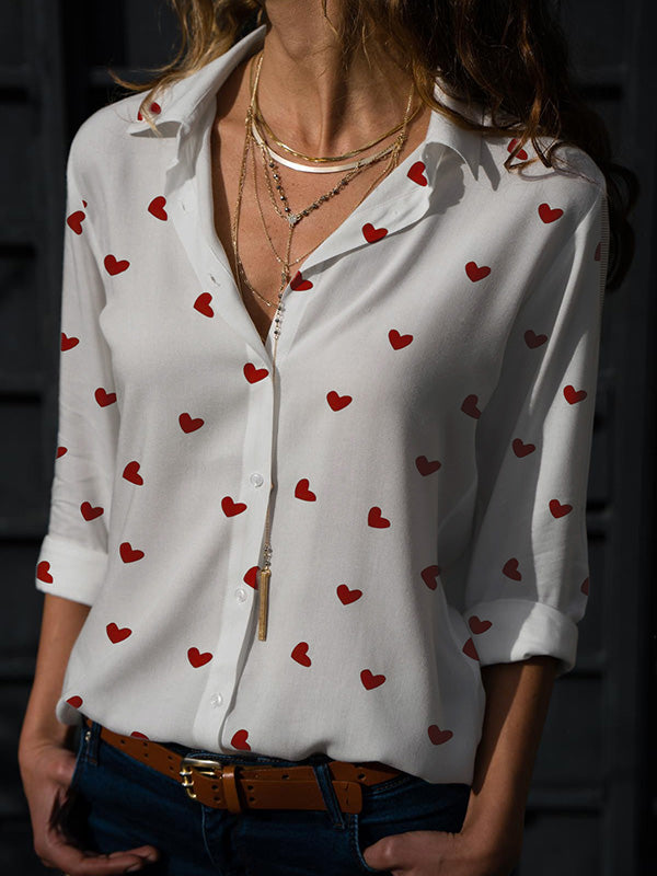 Long Sleeves Loose Buttoned Heart Print Lapel Blouses&Shirts Tops