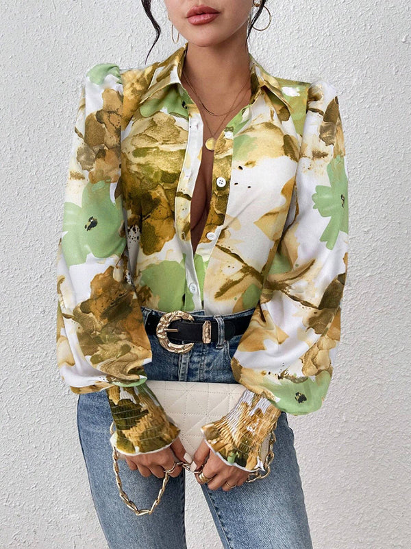 Long Sleeves Loose Buttoned Elasticity Flower Print Pleated Lapel Blouses&Shirts Tops