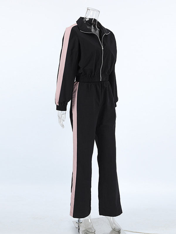 Long Sleeves Loose Contrast Color Zipper Lapel Outerwear Top + Elasticity Pants Bottom Two Pieces Set