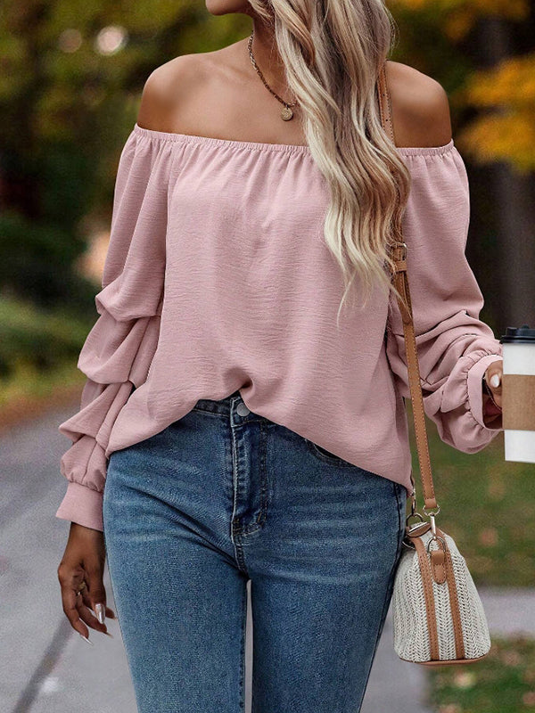 Long Sleeves Loose Elasticity Pleated Solid Color Off-The-Shoulder Blouses&Shirts Tops