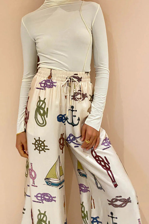 Sail Away Satin Unique Nautical Motifs Print Elastic Waist Pocketed Wide Leg Pants