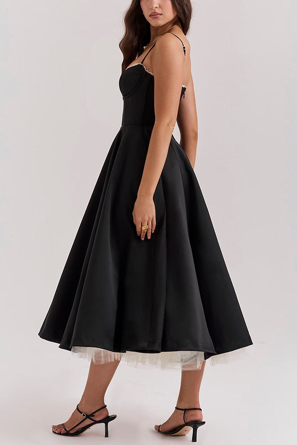 Fairytale Vibe Satin Patchwork Tulle Sweetheart Neck Pocket Stretch Midi Dress