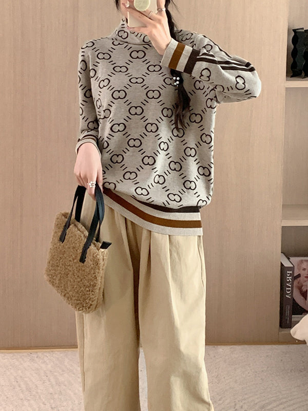 Long Sleeves Loose Contrast Color High Neck Pullovers Sweater Tops