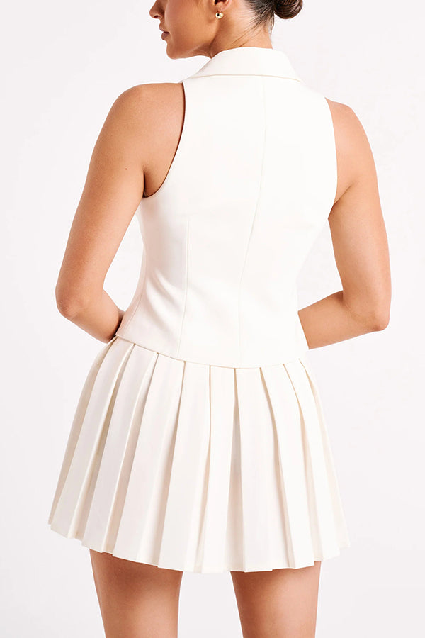 Sexy V-neck Sleeveless Vest and Pleated Mini Skirt Set