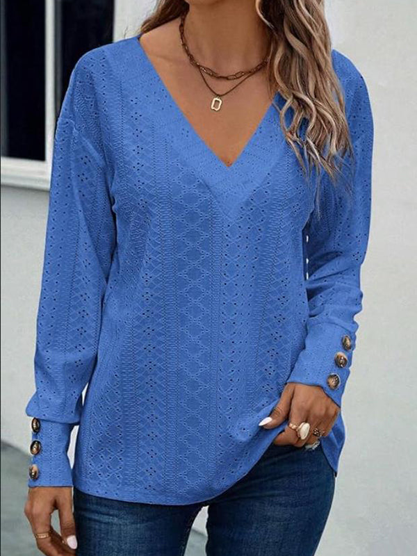 Long Sleeves Loose Buttoned Solid Color V-Neck T-Shirts Tops