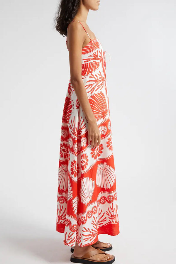 Beautiful Shell Unique Print Front Lace-up Loose  Maxi Dress