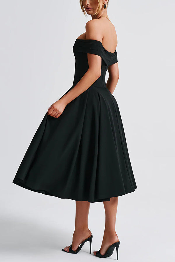 Princess Temperament Batdot Neck Pleat Detail Midi Dress