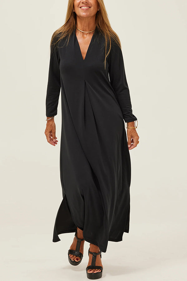 Solid Color V-neck Casual Slit Maxi Dress