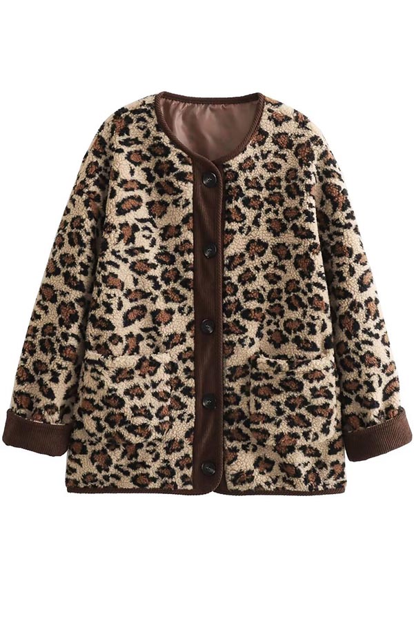 Warm Feel Colorblock Leopard Print Plush Button Up Pocketed Teddy Jacket