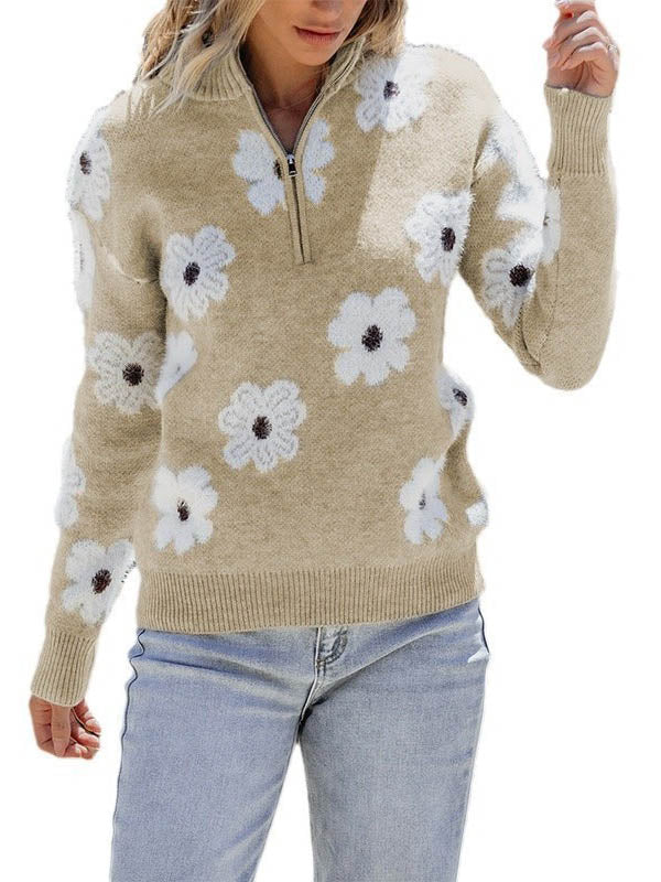 Long Sleeves Loose Knitted Flower Zipper Stand Collar Pullovers Sweater Tops