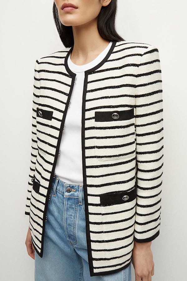 Coco Lady Striped Round Neck Long Sleeve Pocketsed Loose Jacket