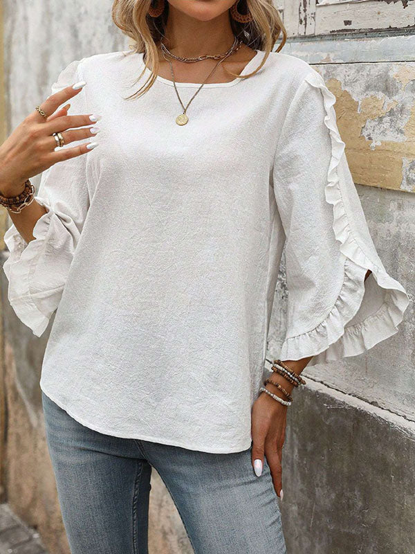 Loose Three-Quarter Sleeves Ruffle Trim Solid Color Split-Joint Round-Neck Blouses&Shirts Tops