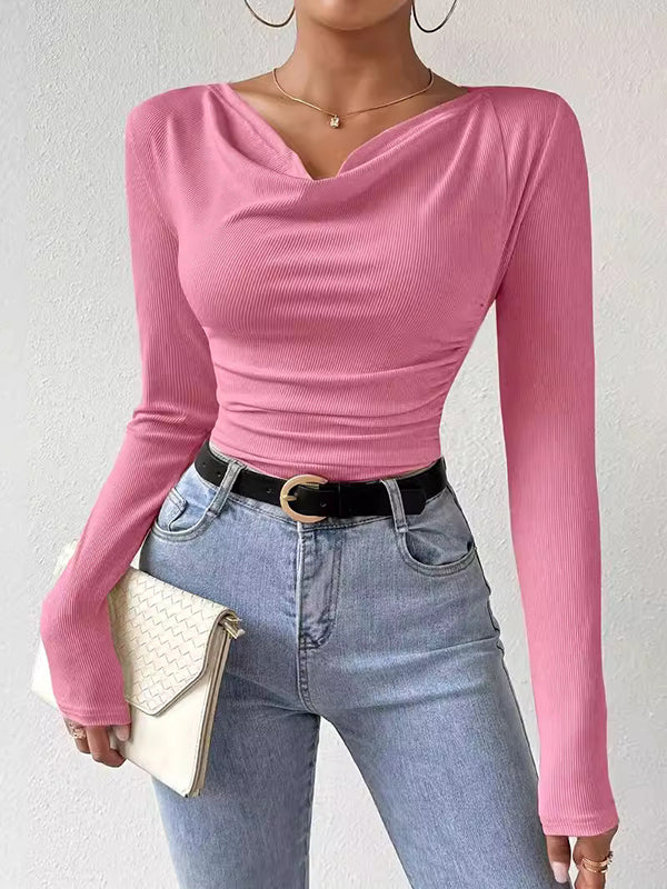 Long Sleeves Skinny Pleated Solid Color Split-Joint V-Neck T-Shirts Tops