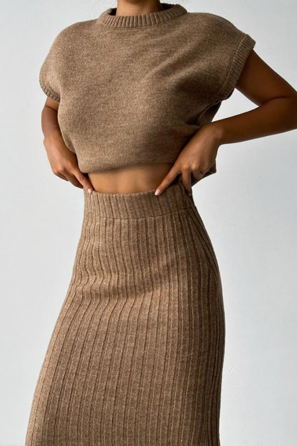 Triko Knit Short Sleeve Sweater and Stretch Ribbed Midi Skirt Set