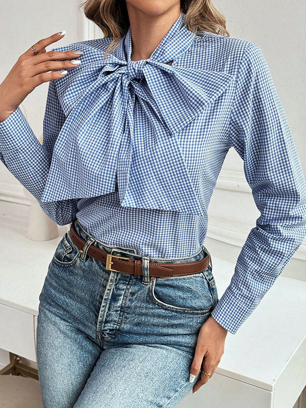 Long Sleeves Loose Bowknot Plaid V-Neck Blouses&Shirts Tops