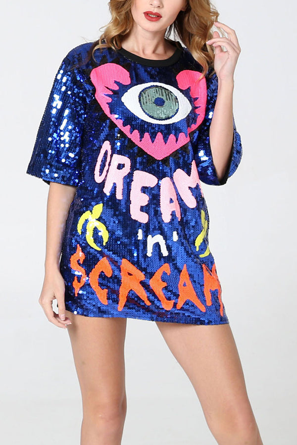 Love Eyes Letters Sequined Round Neck Short Sleeve Mid-Length Loose T-Shirt