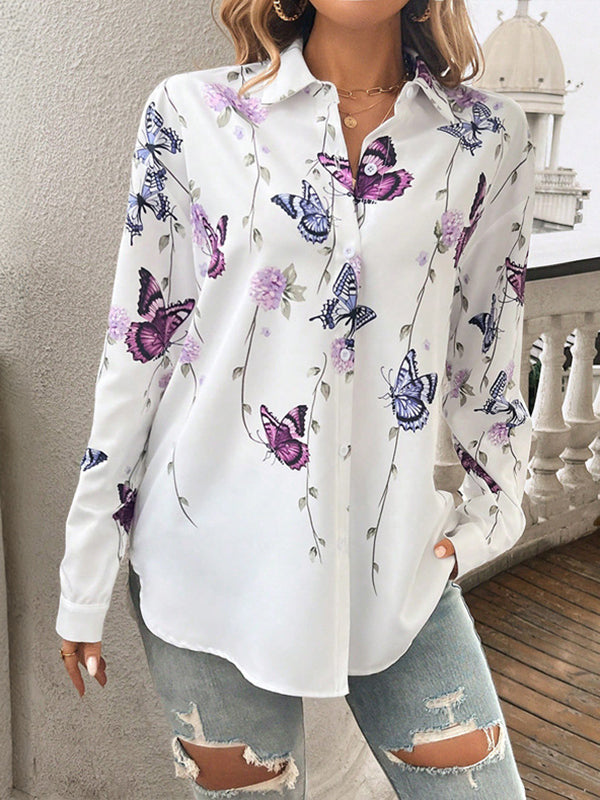 Long Sleeves Loose Butterfly Print Buttoned Lapel Blouses&Shirts Tops