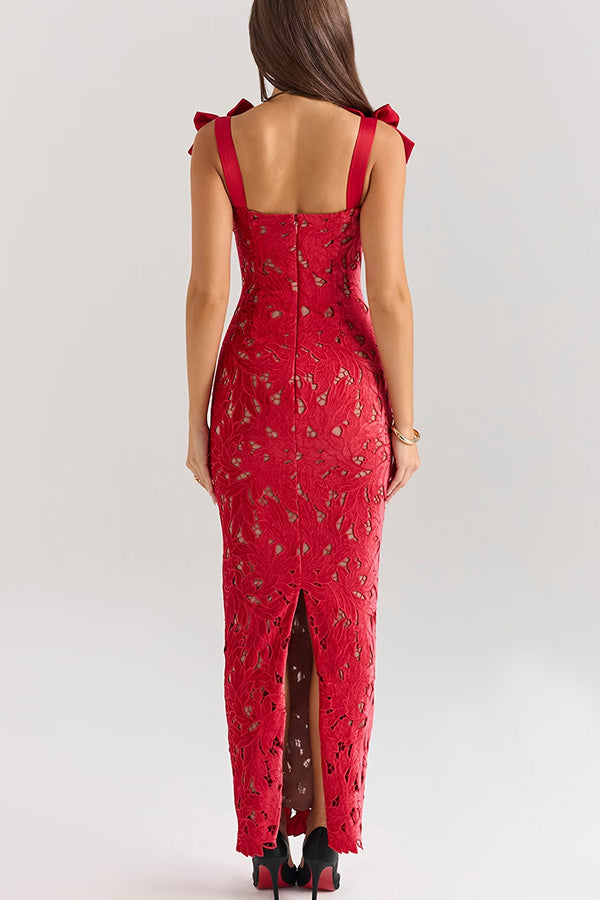 Holiday Intimacy Embroidered Floral Lace Bow Shoulder Straps Slit Maxi Dress