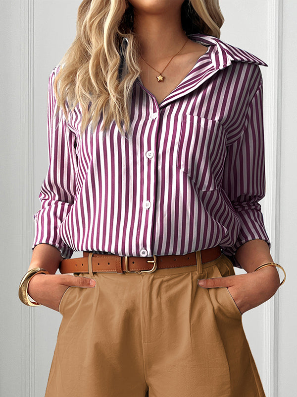 Long Sleeves Loose Buttoned Contrast Color Pockets Striped Lapel Blouses&Shirts Tops