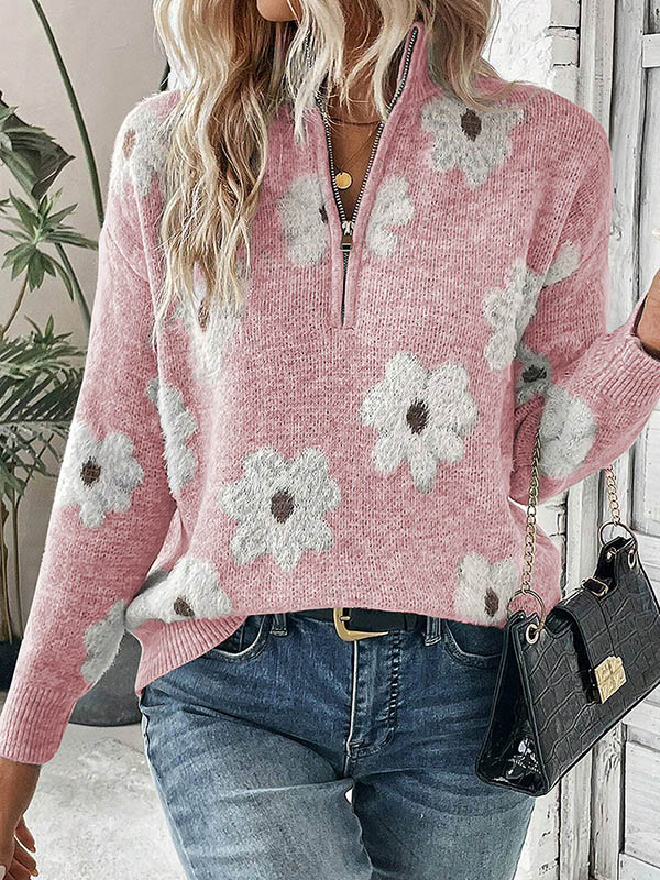 Long Sleeves Loose Knitted Flower Zipper Stand Collar Pullovers Sweater Tops