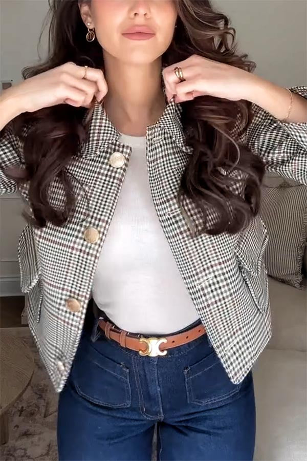 Autumn Vibes Plaid Button Four Pocket Cropped Jacket