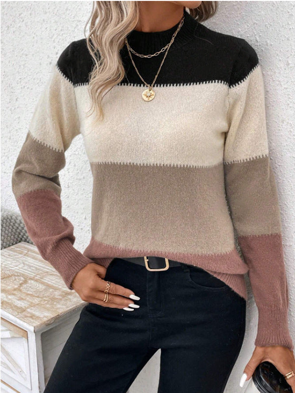 Long Sleeves Contrast Color Round-Neck Pullovers Sweater Tops