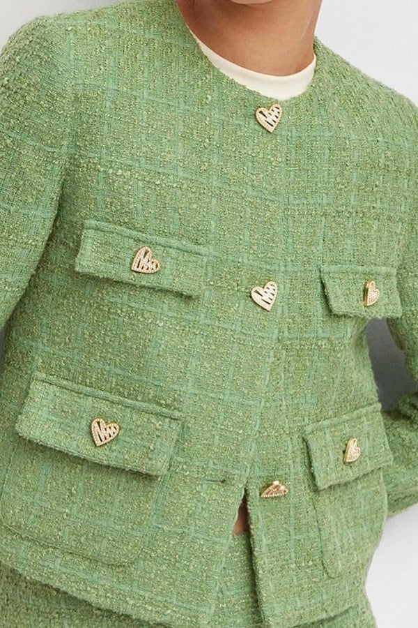 Stylish Tweed Love Buttoned Long Sleeve Soft Pockets Jacket