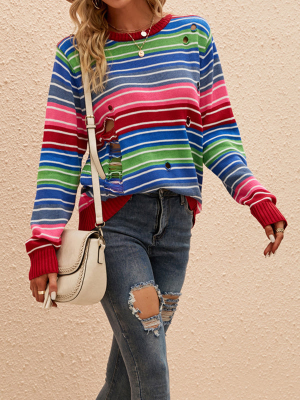 Long Sleeves Loose Contrast Color Hollow Striped Round-Neck Pullovers Sweater Tops