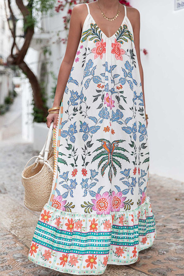 Marisol Linen Blend Unique Print A-line Slip Loose Maxi Dress