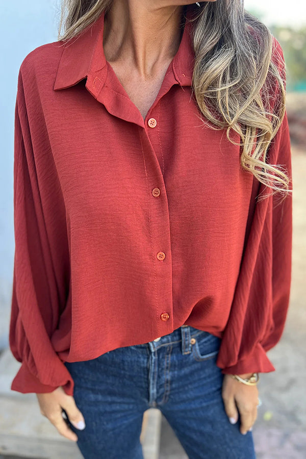 Solid Color Loose Batwing Sleeve Buttoned Casual Shirt