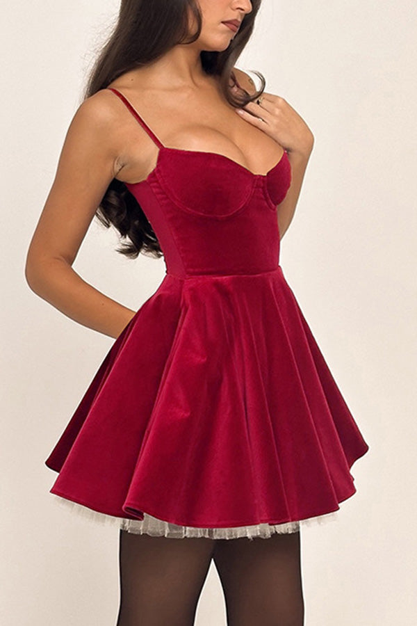 Year-end Dance Velvet Tulle Patchwork Sweetheart Neck Slip Mini Dress