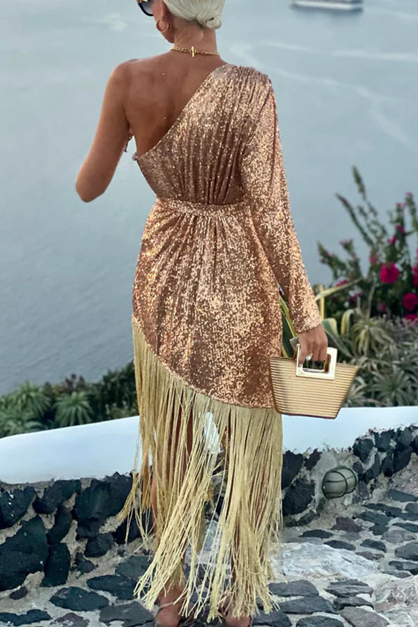 For The Love Gold Sequin One Shoulder Belted Fringes Midi Dress