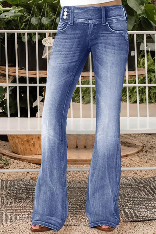 Vintage Side Buttoned Pockets Mid-rise Flared Jeans