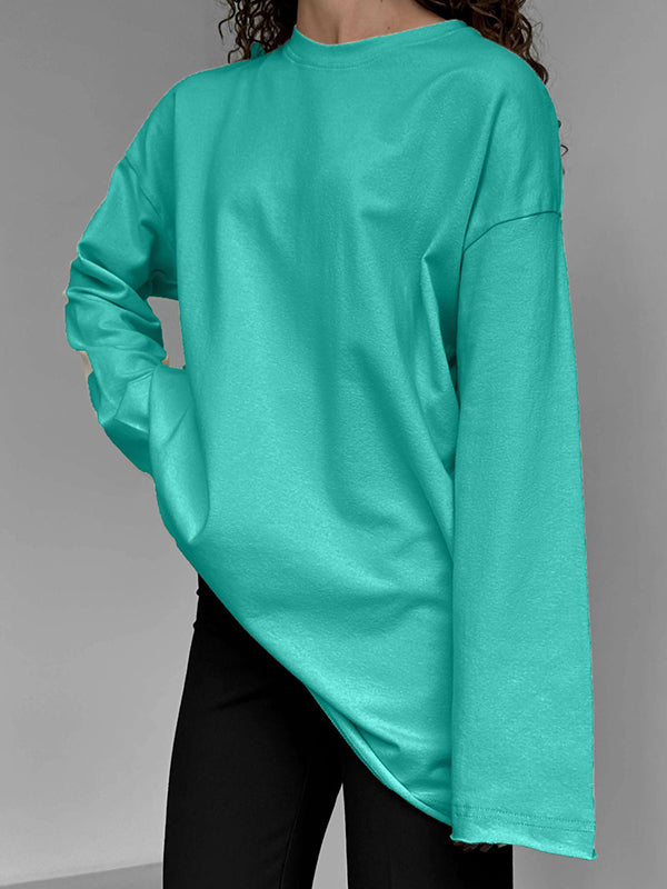 Long Sleeves Loose Solid Color Round-Neck T-Shirts Tops