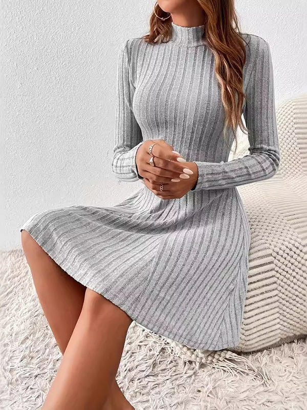 Long Sleeves Pleated Solid Color Split-Joint High Neck Mini Dresses