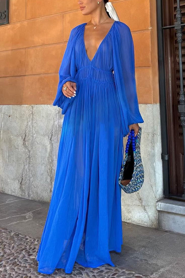 Blue Gemstone Chiffon Ruched Gathered Waist Maxi Dress