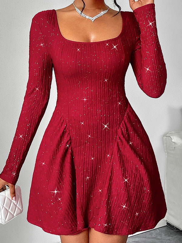 A-Line Long Sleeves Backless Pleated Shiny Solid Color U-Neck Mini Dresses